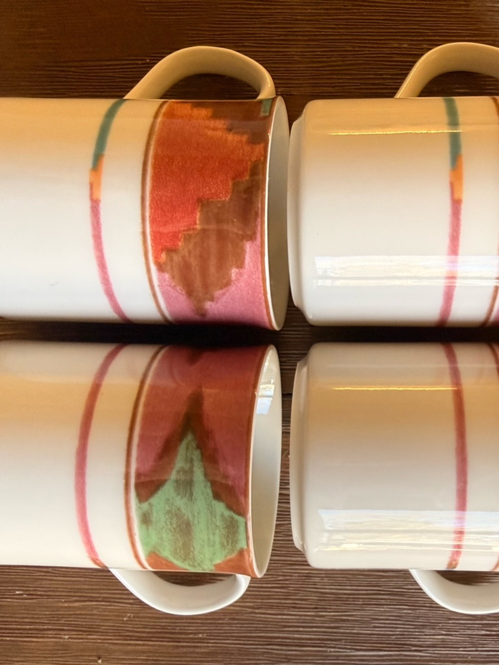 Western Style Ceramic Coffee Mugs with Pink and Green Accent Stripe - VTG